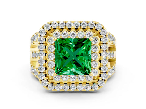 Yellow gold Double Halo Princess Cut Diamond Split Shank Pave Set Ring
