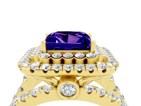 Yellow gold Double Halo Princess Cut Diamond Split Shank Pave Set Ring_4
