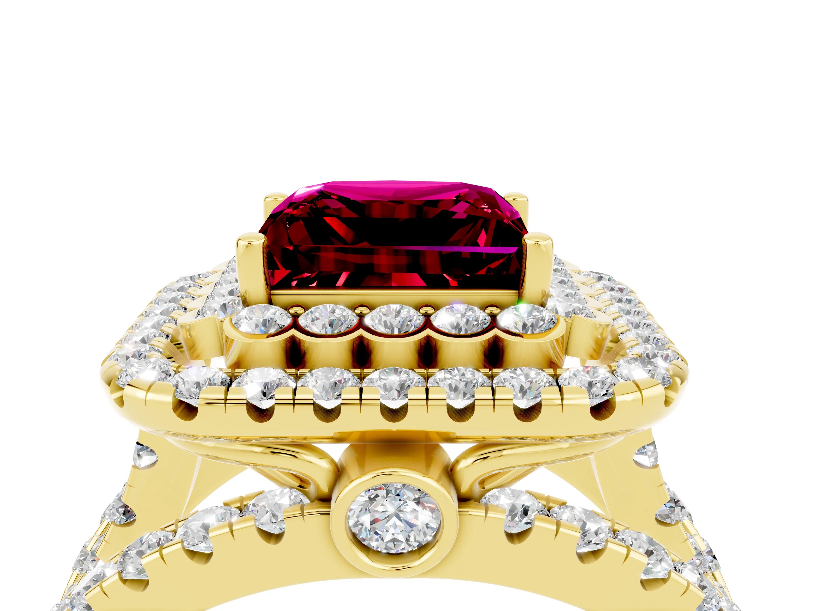 Yellow gold Double Halo Princess Cut Diamond Split Shank Pave Set Ring_4