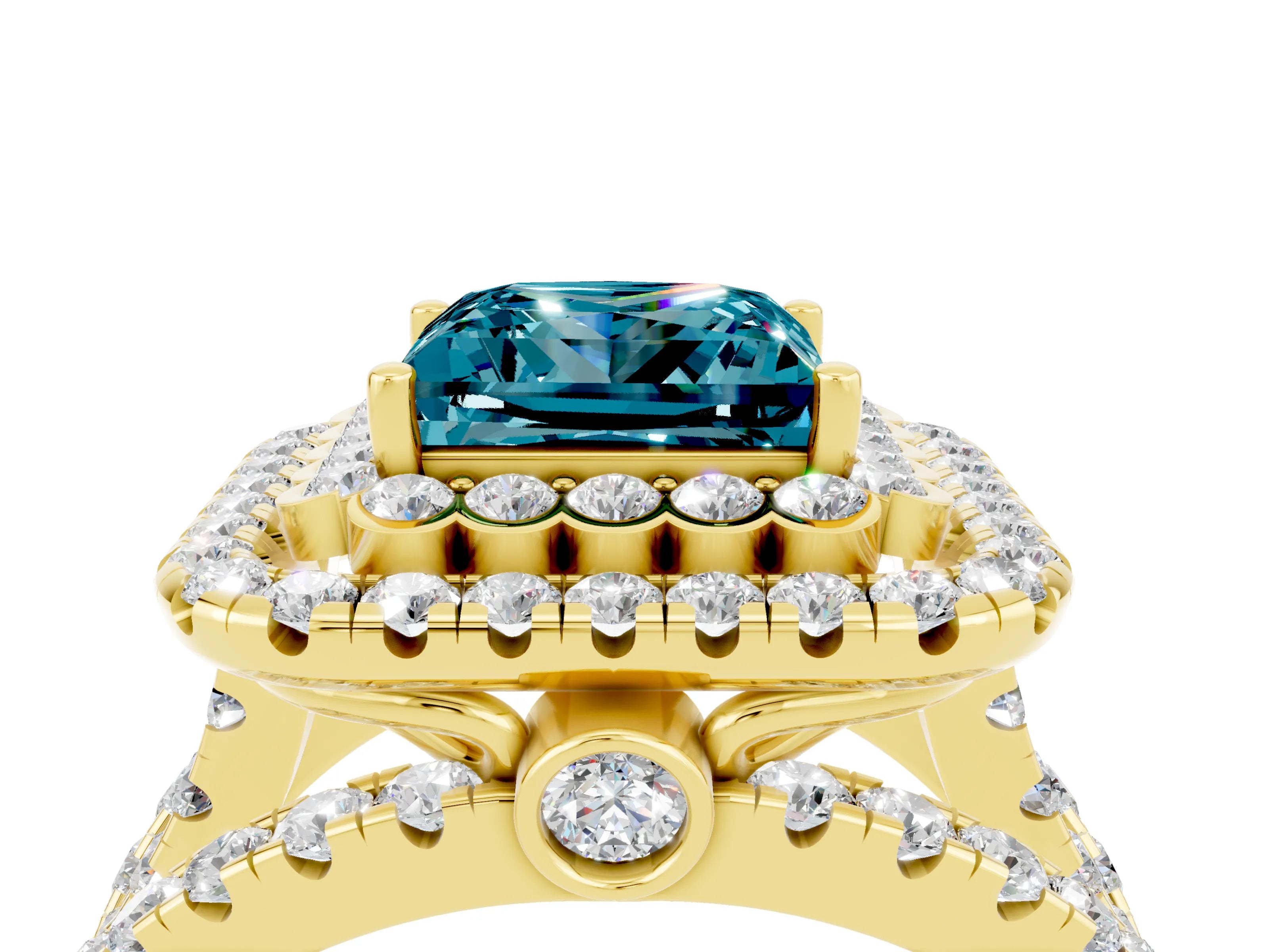 Yellow gold Double Halo Princess Cut Diamond Split Shank Pave Set Ring_4
