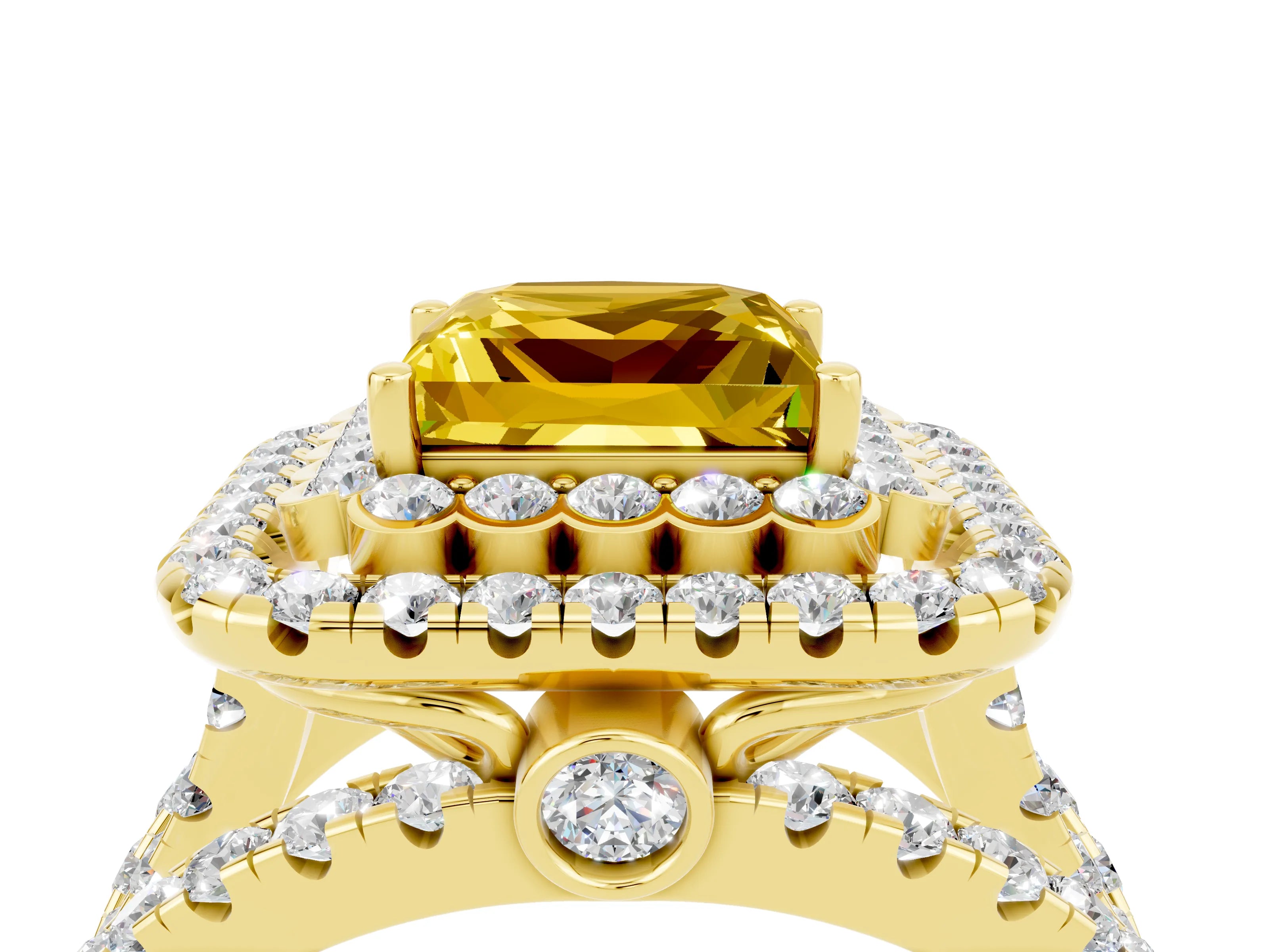 Yellow gold Double Halo Princess Cut Diamond Split Shank Pave Set Ring_4