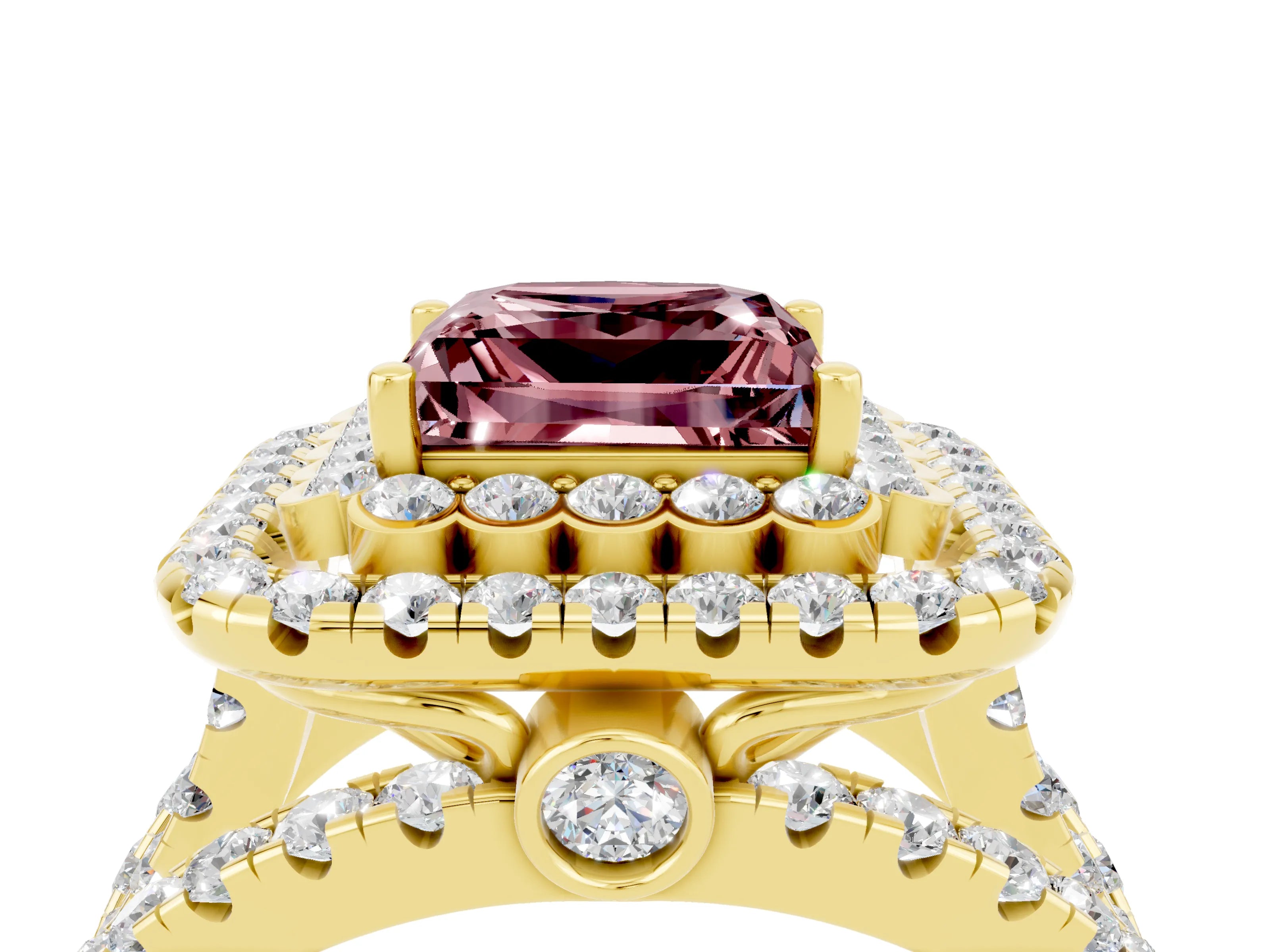 Yellow gold Double Halo Princess Cut Diamond Split Shank Pave Set Ring_4