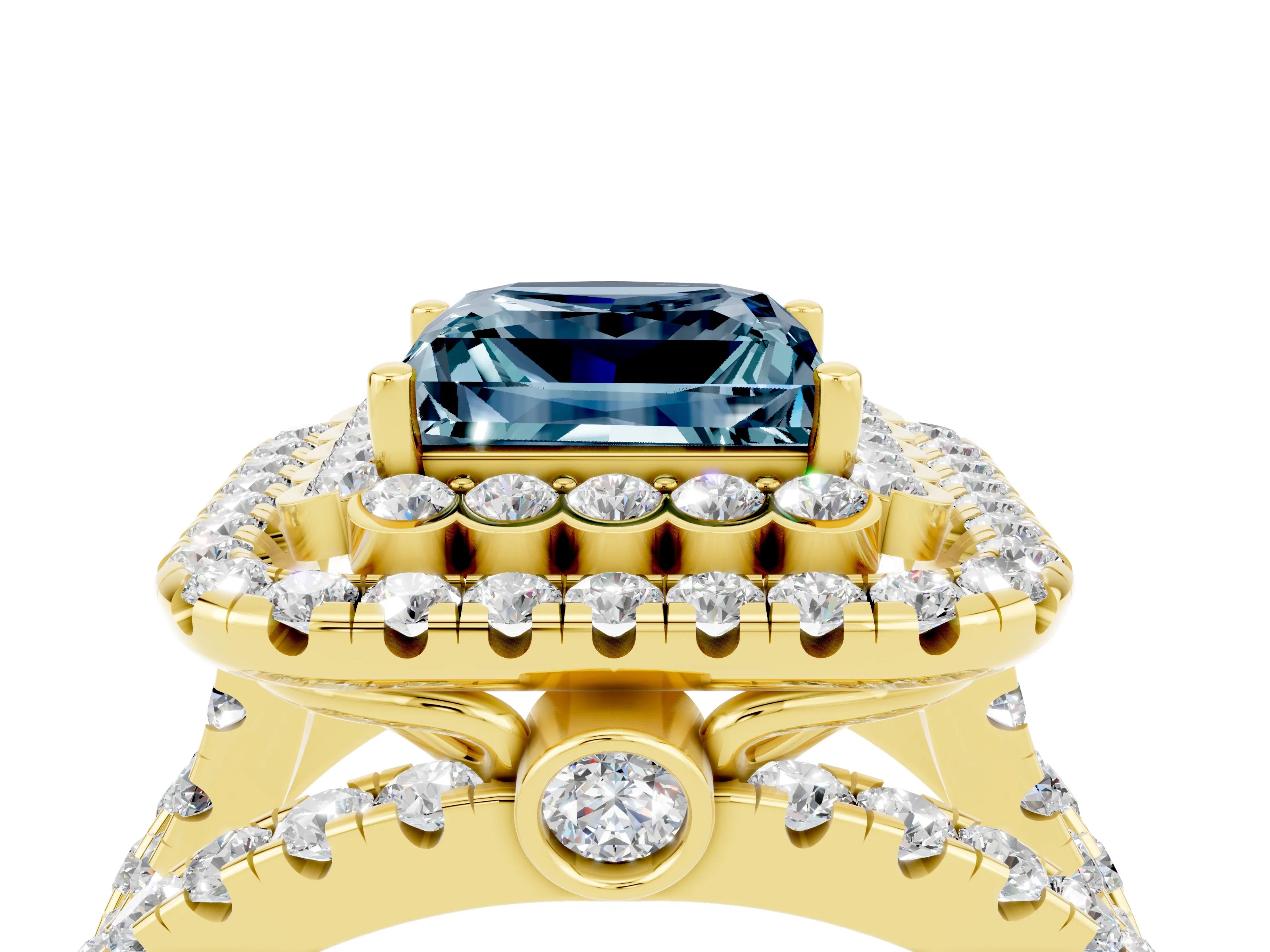 Yellow gold Double Halo Princess Cut Diamond Split Shank Pave Set Ring_4