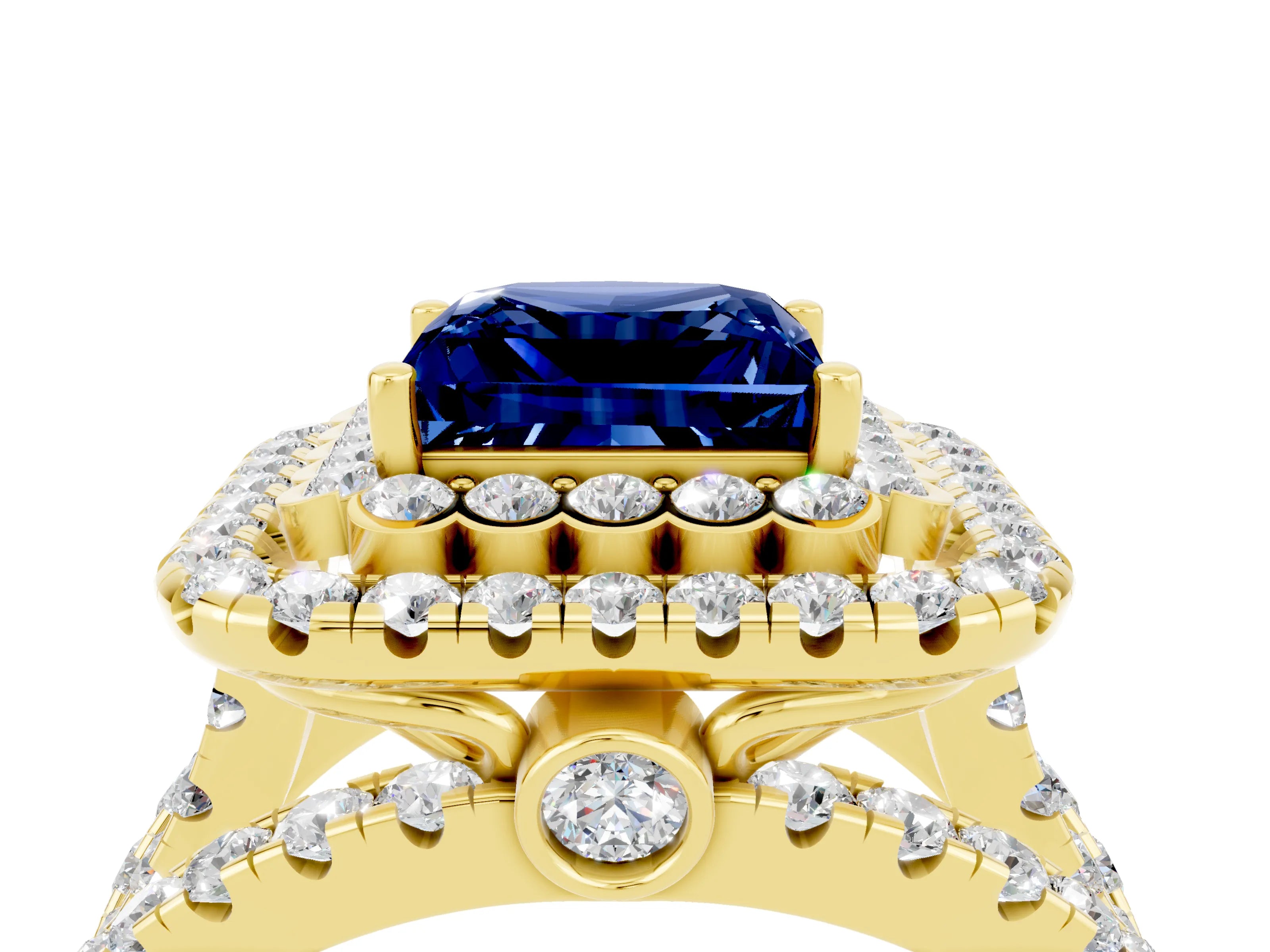 Yellow gold Double Halo Princess Cut Diamond Split Shank Pave Set Ring_4