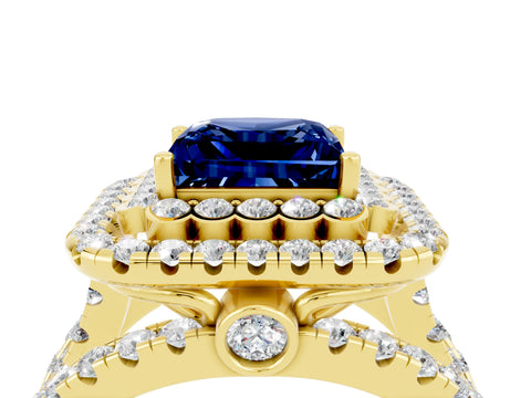 Yellow gold Double Halo Princess Cut Diamond Split Shank Pave Set Ring_4