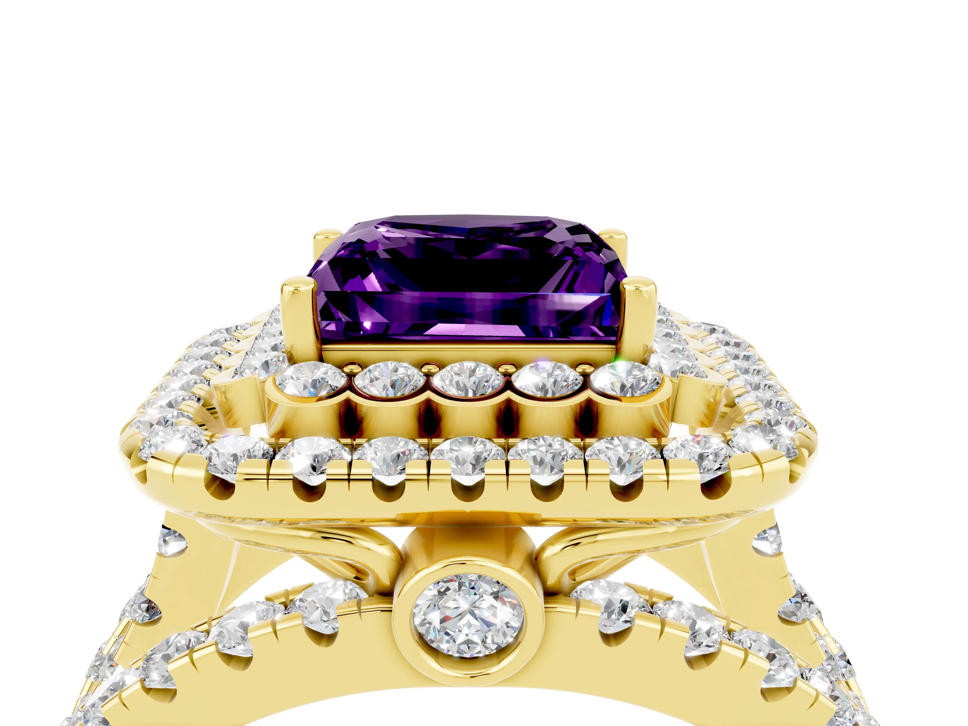 Yellow gold Double Halo Princess Cut Diamond Split Shank Pave Set Ring_4