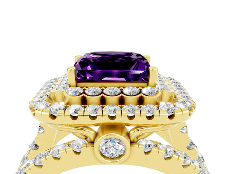 Yellow gold Double Halo Princess Cut Diamond Split Shank Pave Set Ring_4