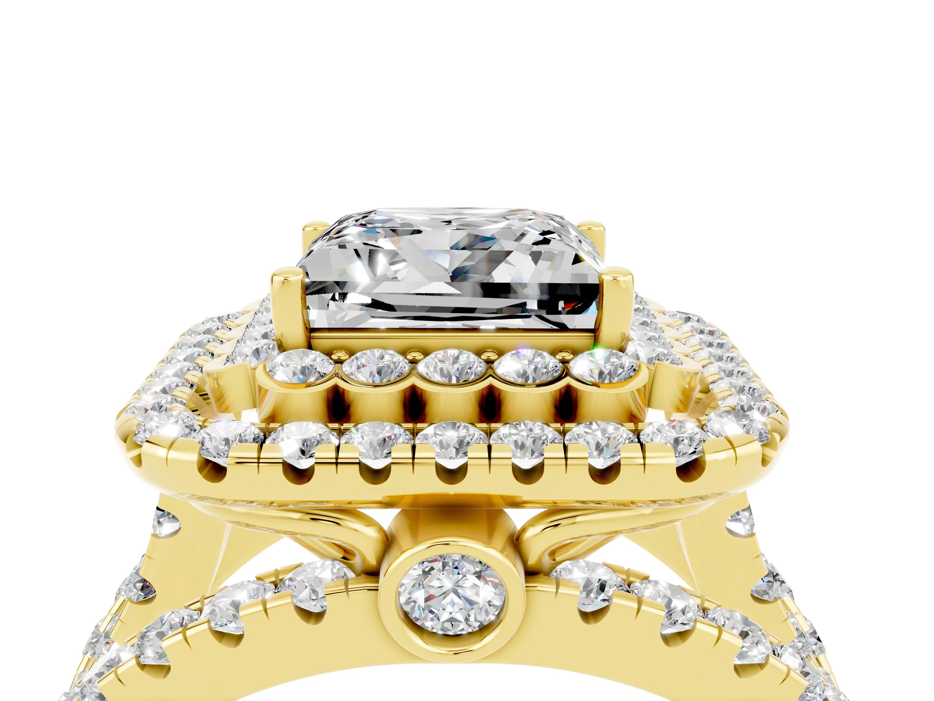 Yellow gold Double Halo Princess Cut Diamond Split Shank Pave Set Ring_4