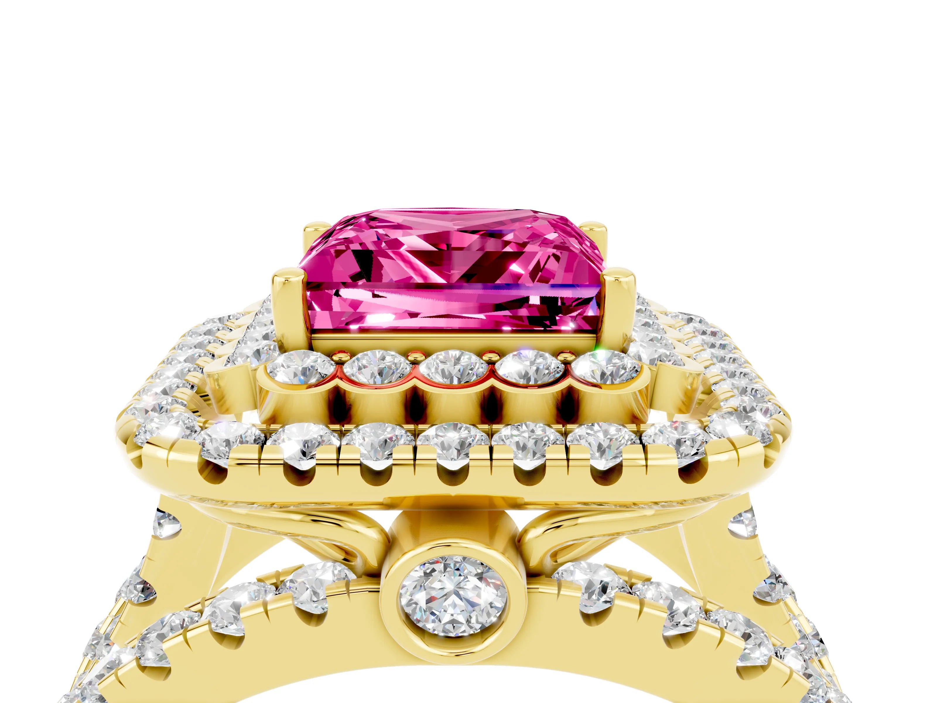 Yellow gold Double Halo Princess Cut Diamond Split Shank Pave Set Ring_4