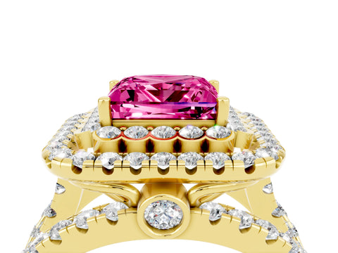 Yellow gold Double Halo Princess Cut Diamond Split Shank Pave Set Ring_4