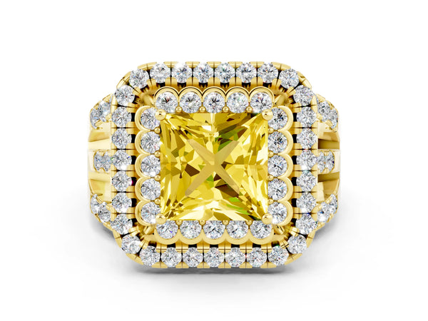 Yellow gold Princess Cut Yellow Sapphire Double Halo Ring with Round Pavé Split Shank and Prong Setting
