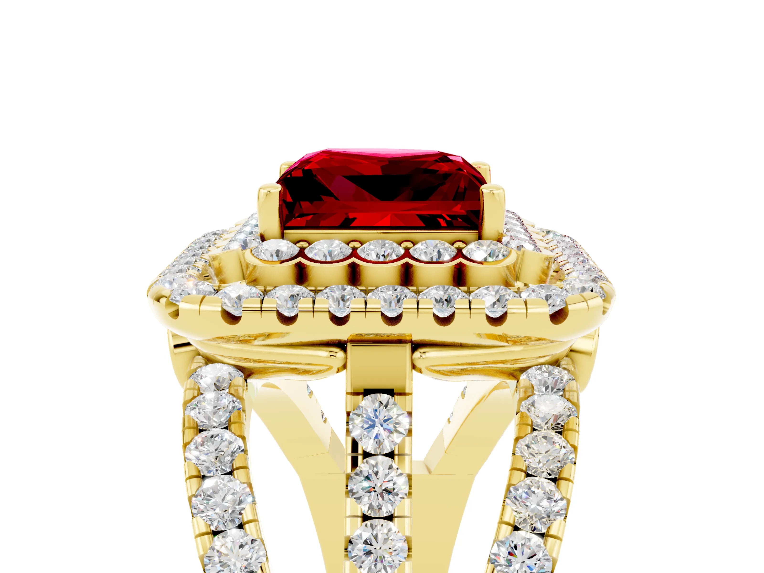 Yellow gold Double Halo Princess Cut Diamond Split Shank Pave Set Ring_5