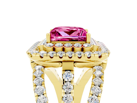 Yellow gold Double Halo Princess Cut Diamond Split Shank Pave Set Ring_5