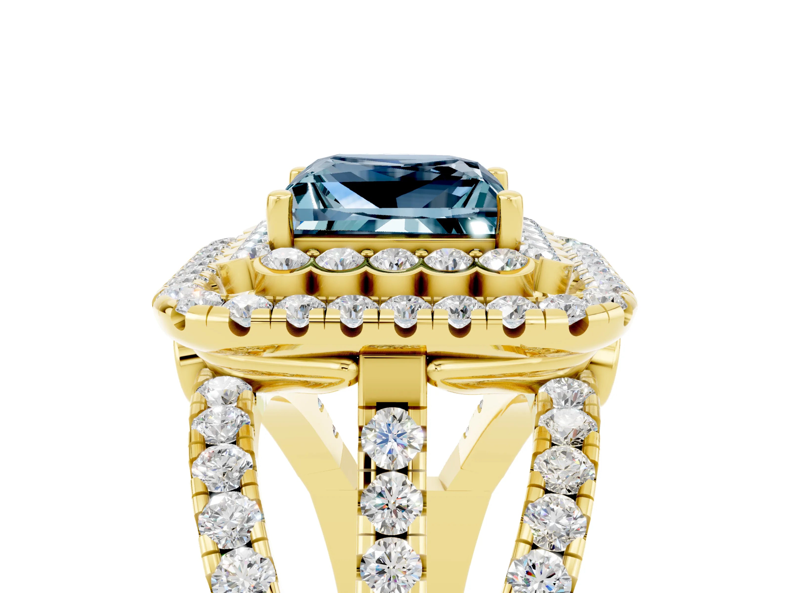 Yellow gold Double Halo Princess Cut Diamond Split Shank Pave Set Ring_5