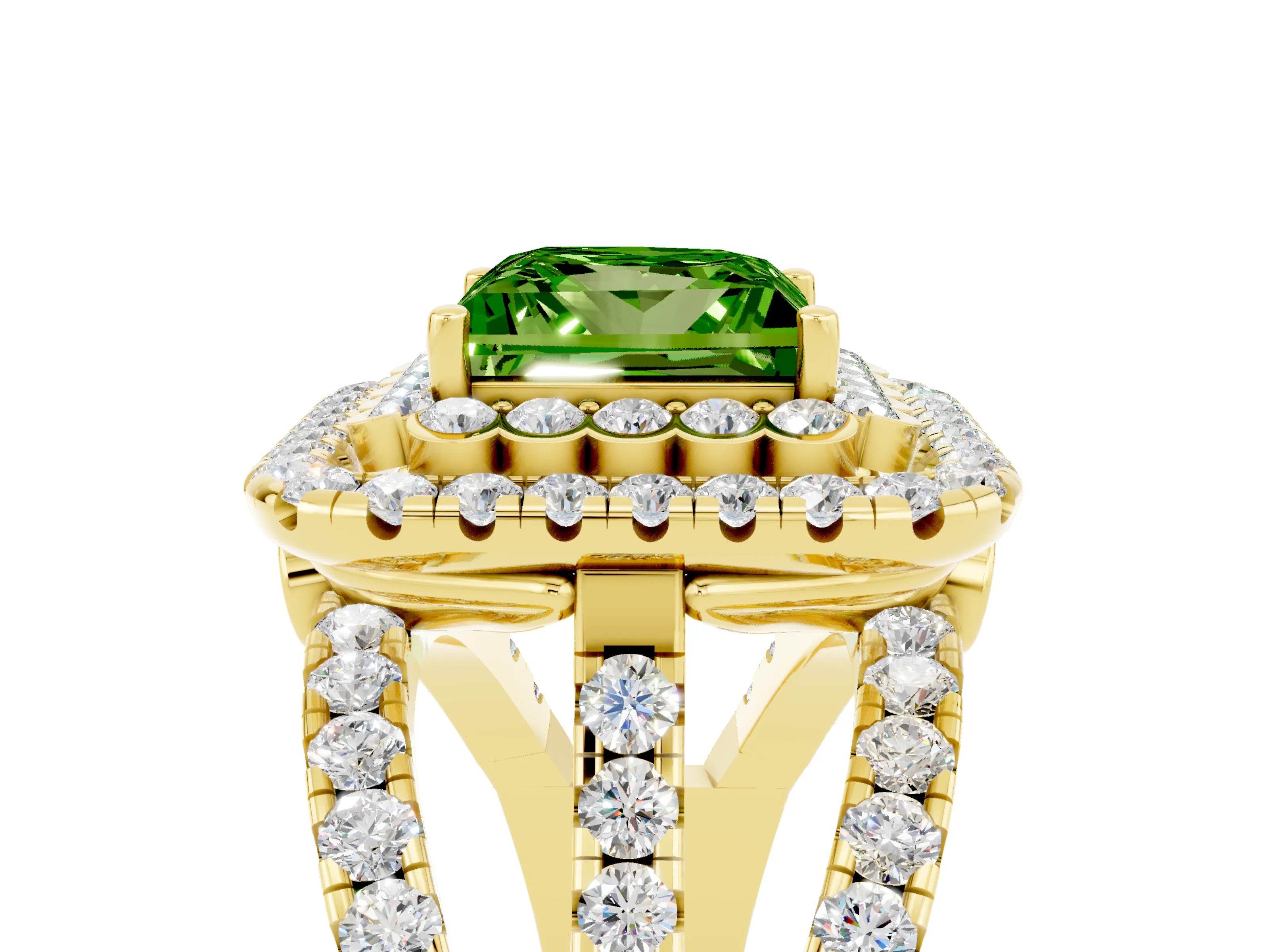Yellow gold Double Halo Princess Cut Diamond Split Shank Pave Set Ring_5