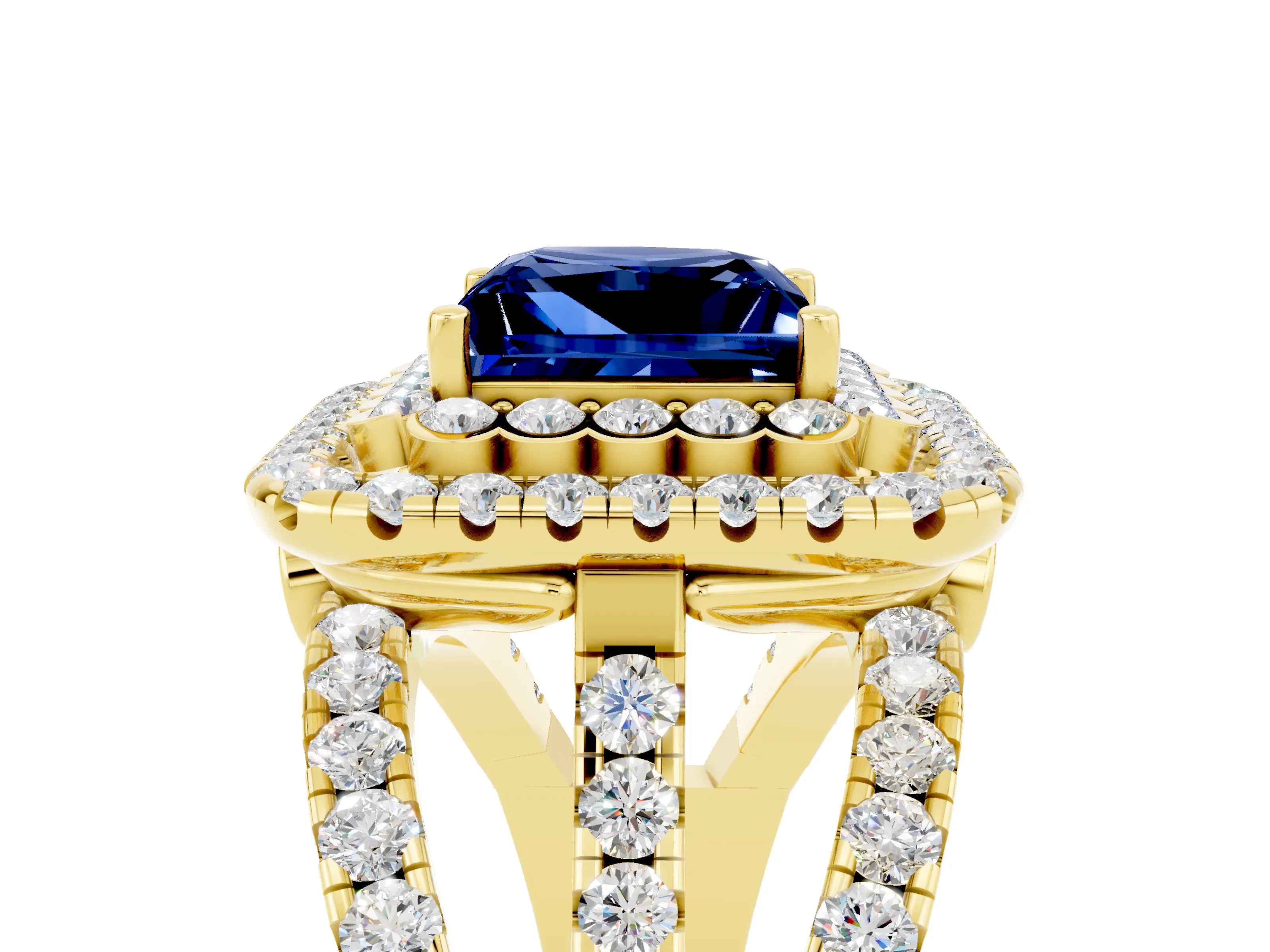 Yellow gold Double Halo Princess Cut Diamond Split Shank Pave Set Ring_5