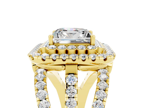 Yellow gold Double Halo Princess Cut Diamond Split Shank Pave Set Ring_5