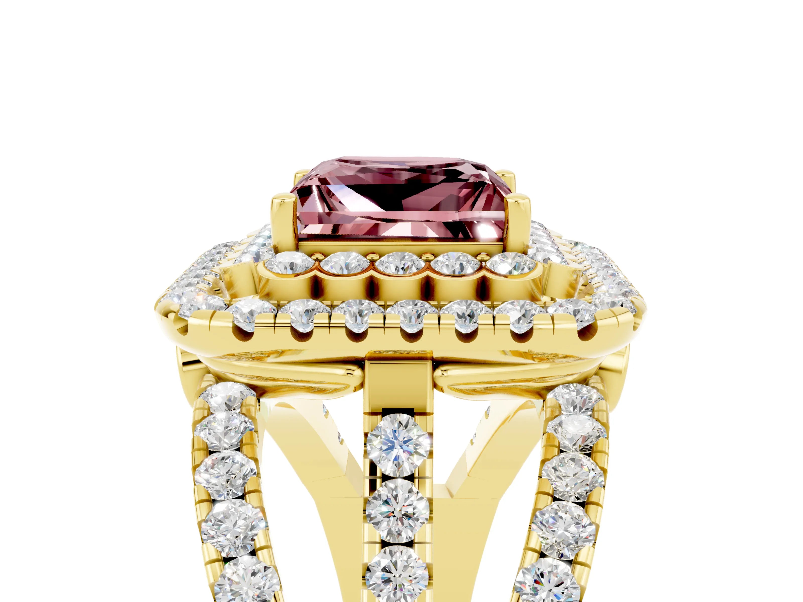 Yellow gold Double Halo Princess Cut Diamond Split Shank Pave Set Ring_5