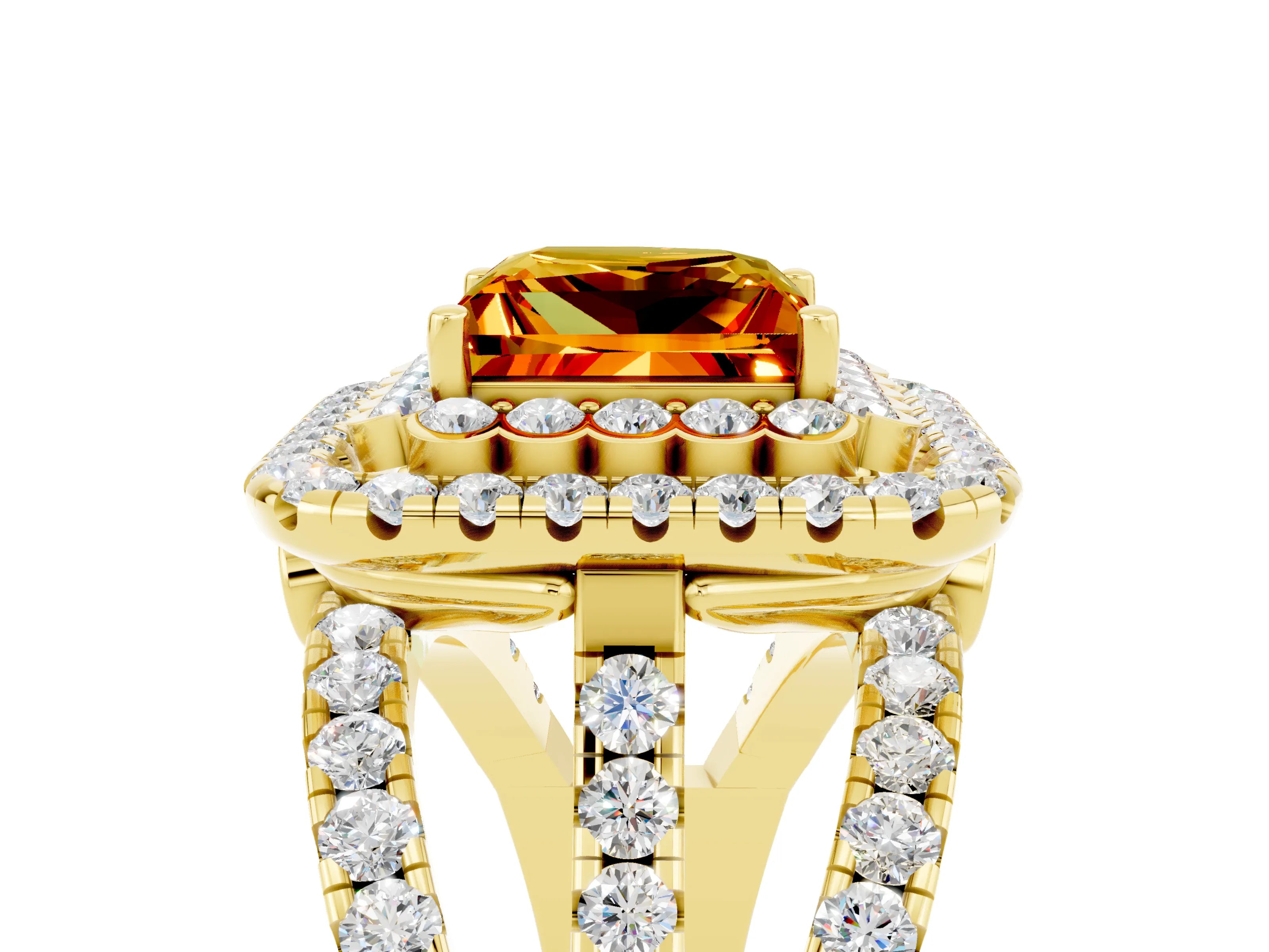 Yellow gold Double Halo Princess Cut Diamond Split Shank Pave Set Ring_5