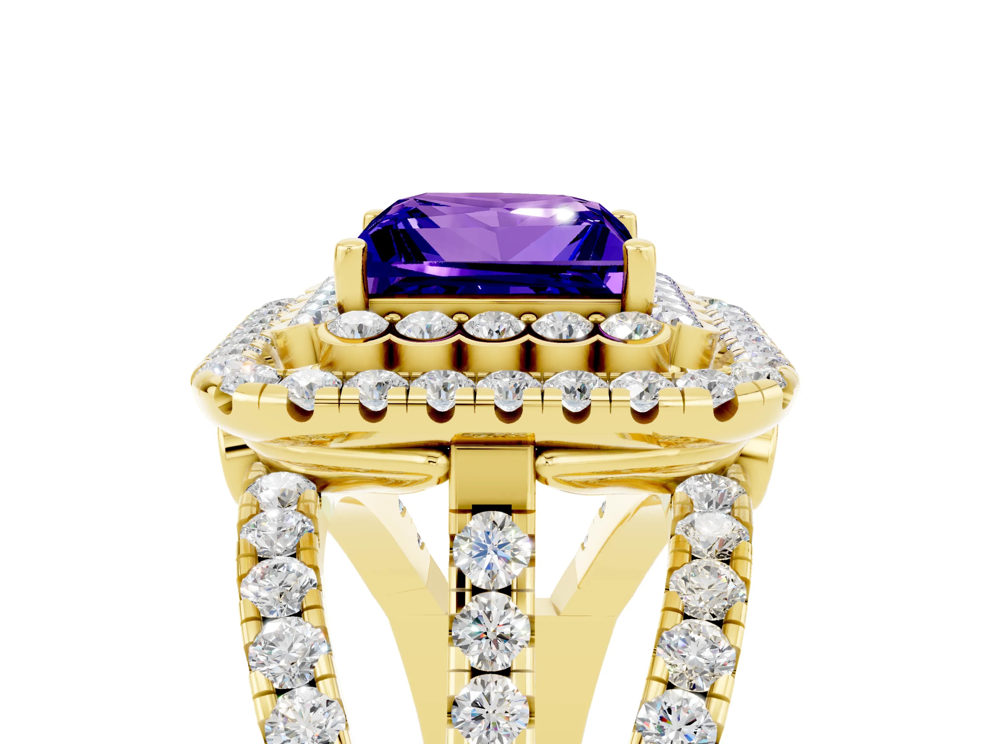 Yellow gold Double Halo Princess Cut Diamond Split Shank Pave Set Ring_5