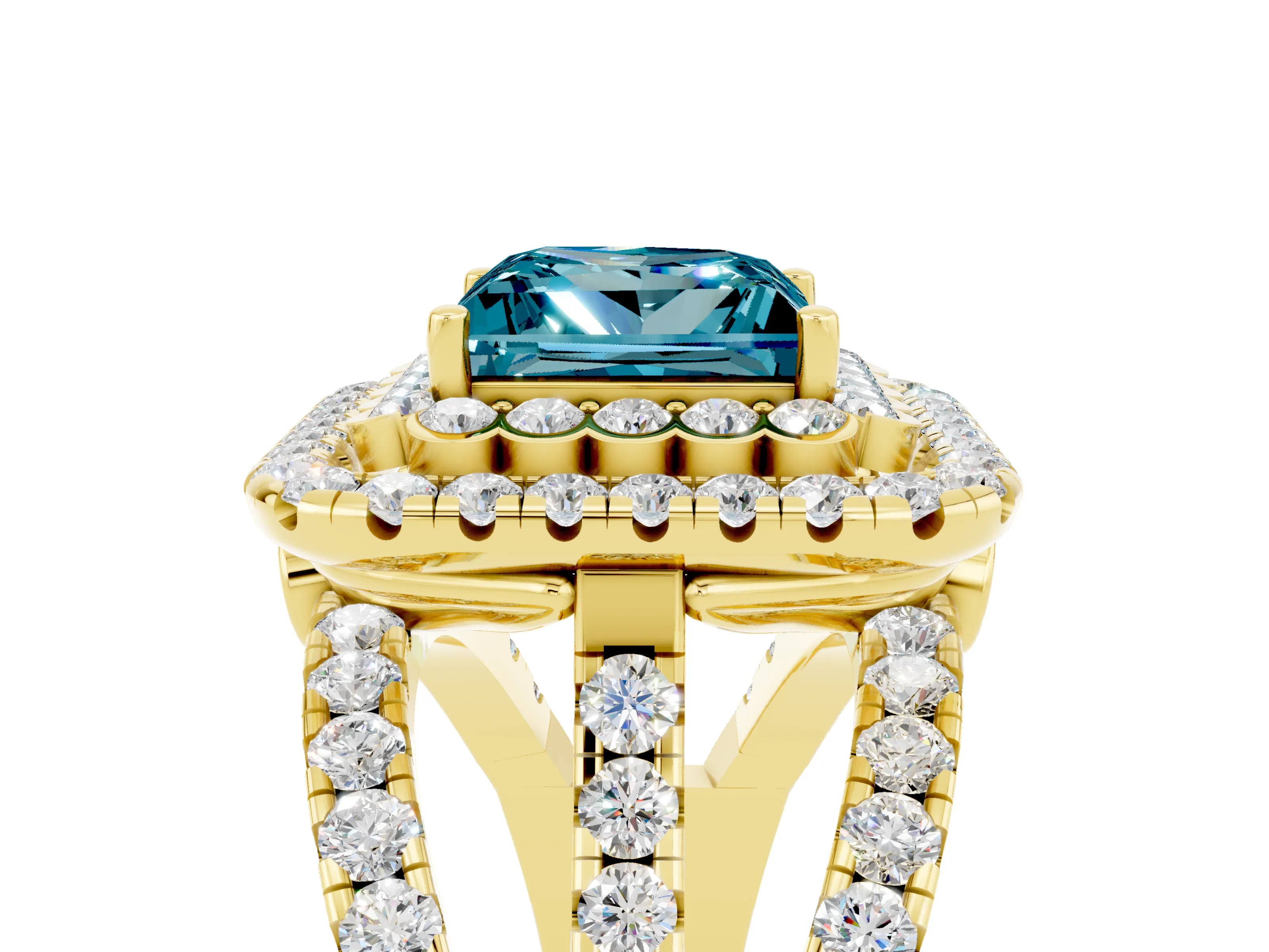 Yellow gold Double Halo Princess Cut Diamond Split Shank Pave Set Ring_5