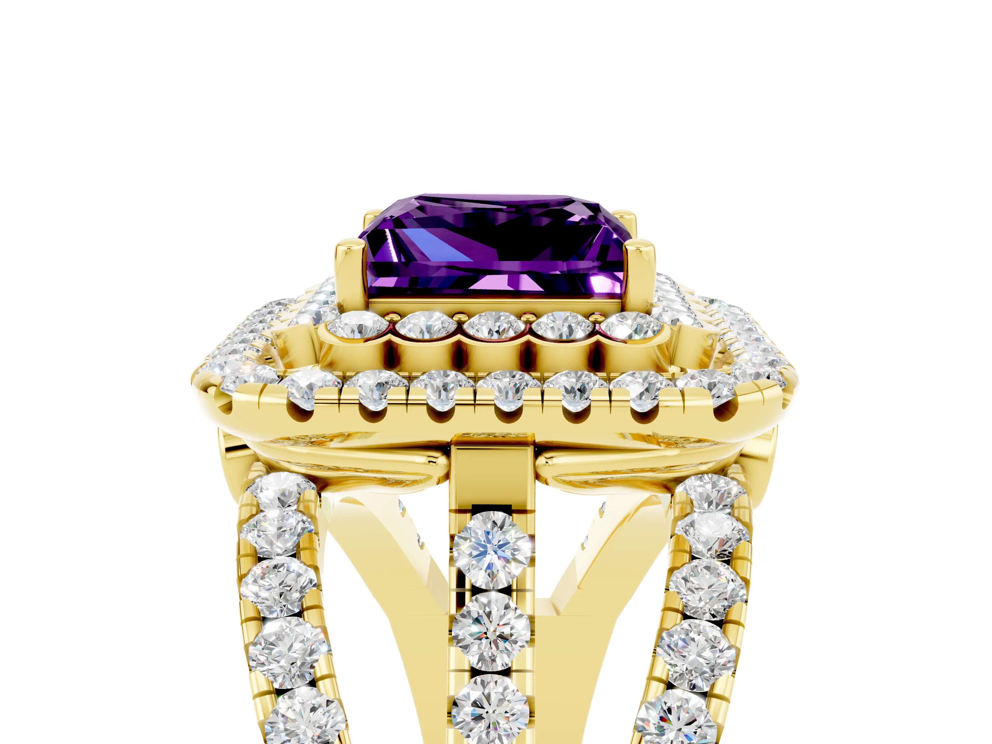 Yellow gold Double Halo Princess Cut Diamond Split Shank Pave Set Ring_5