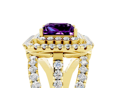 Yellow gold Double Halo Princess Cut Diamond Split Shank Pave Set Ring_5