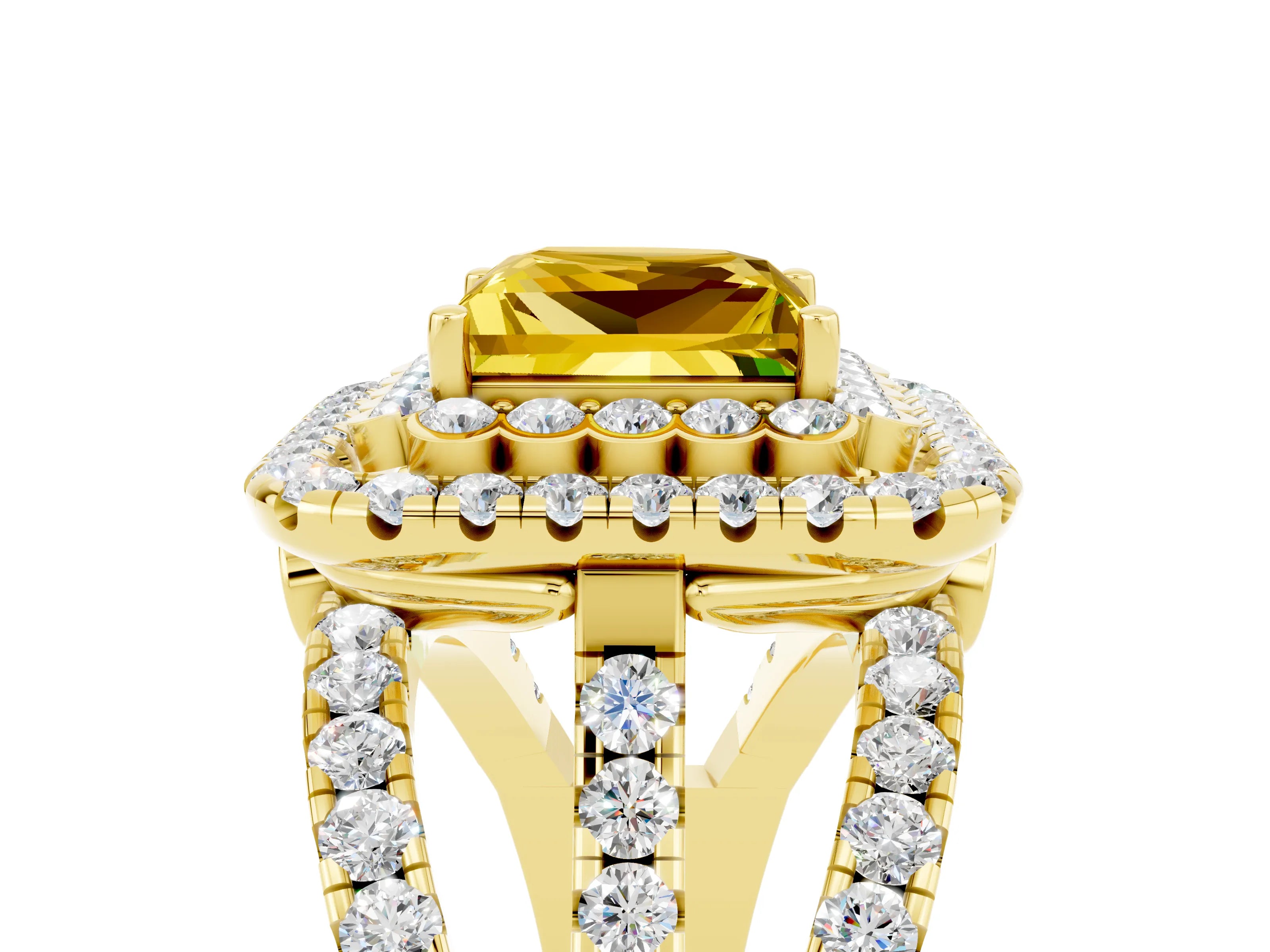 Yellow gold Double Halo Princess Cut Diamond Split Shank Pave Set Ring_5