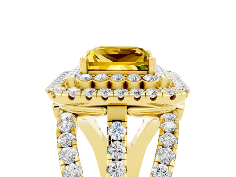 Yellow gold Double Halo Princess Cut Diamond Split Shank Pave Set Ring_5