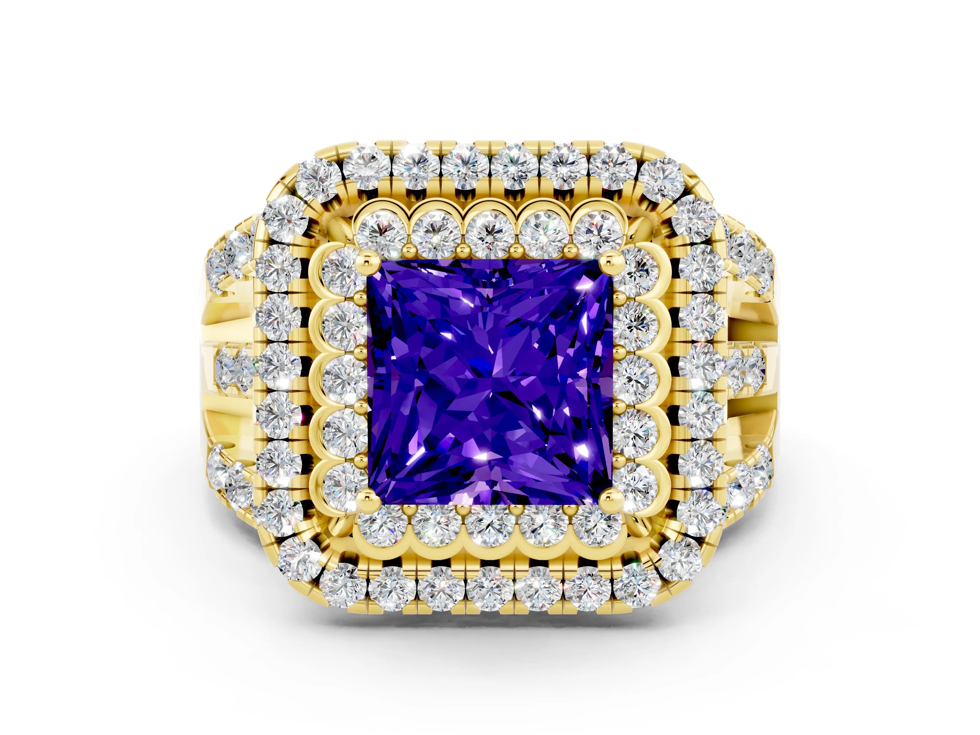 Yellow gold Double Halo Princess Cut Diamond Split Shank Pave Set Ring