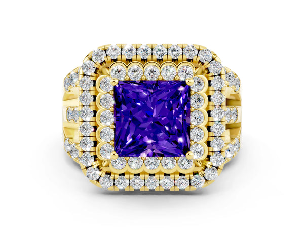 Yellow gold Princess Cut Tanzanite Double Halo Ring with Round Pavé Split Shank and Prong Setting