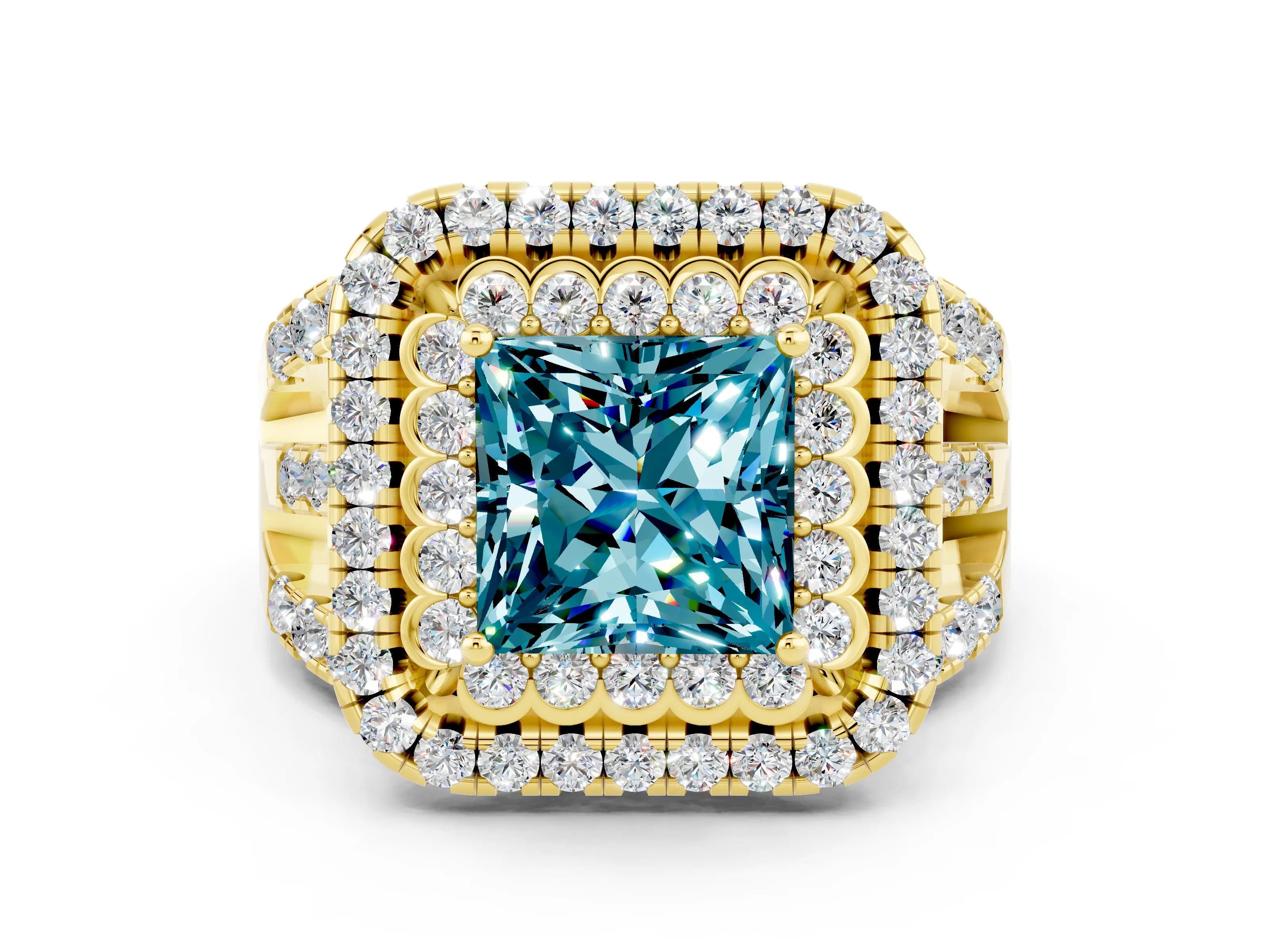 Yellow gold Double Halo Princess Cut Diamond Split Shank Pave Set Ring