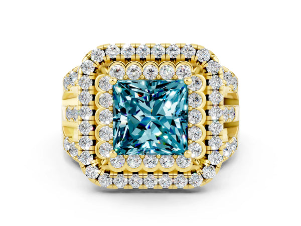 Yellow gold Double Halo Princess Cut Diamond Split Shank Pave Set Ring