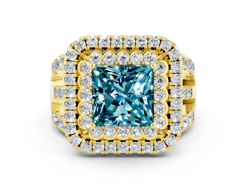 Yellow gold Double Halo Princess Cut Diamond Split Shank Pave Set Ring