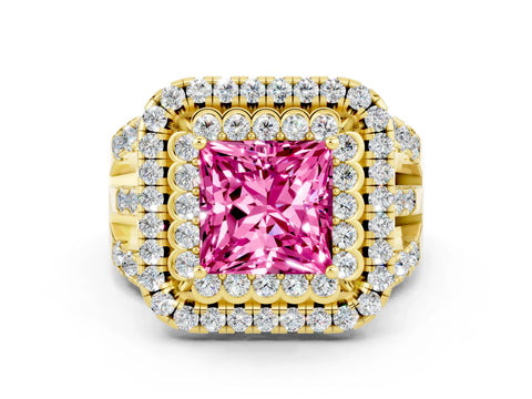 Yellow gold Double Halo Princess Cut Diamond Split Shank Pave Set Ring