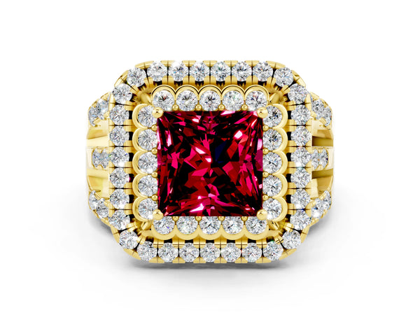 Yellow gold Princess Cut Garnet Double Halo Ring with Round Pavé Split Shank and Prong Setting