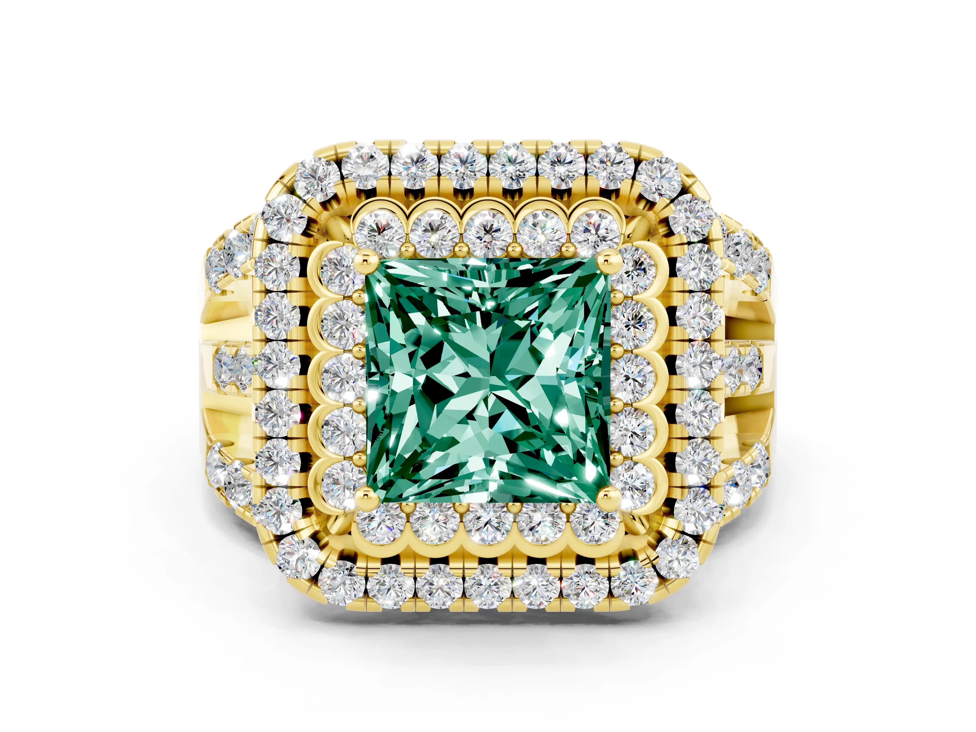 Yellow gold Double Halo Princess Cut Diamond Split Shank Pave Set Ring