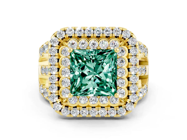 Yellow gold Princess Cut Green Sapphire Double Halo Ring with Round Pavé Split Shank and Prong Setting