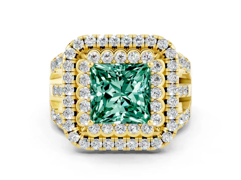 Yellow gold Double Halo Princess Cut Diamond Split Shank Pave Set Ring