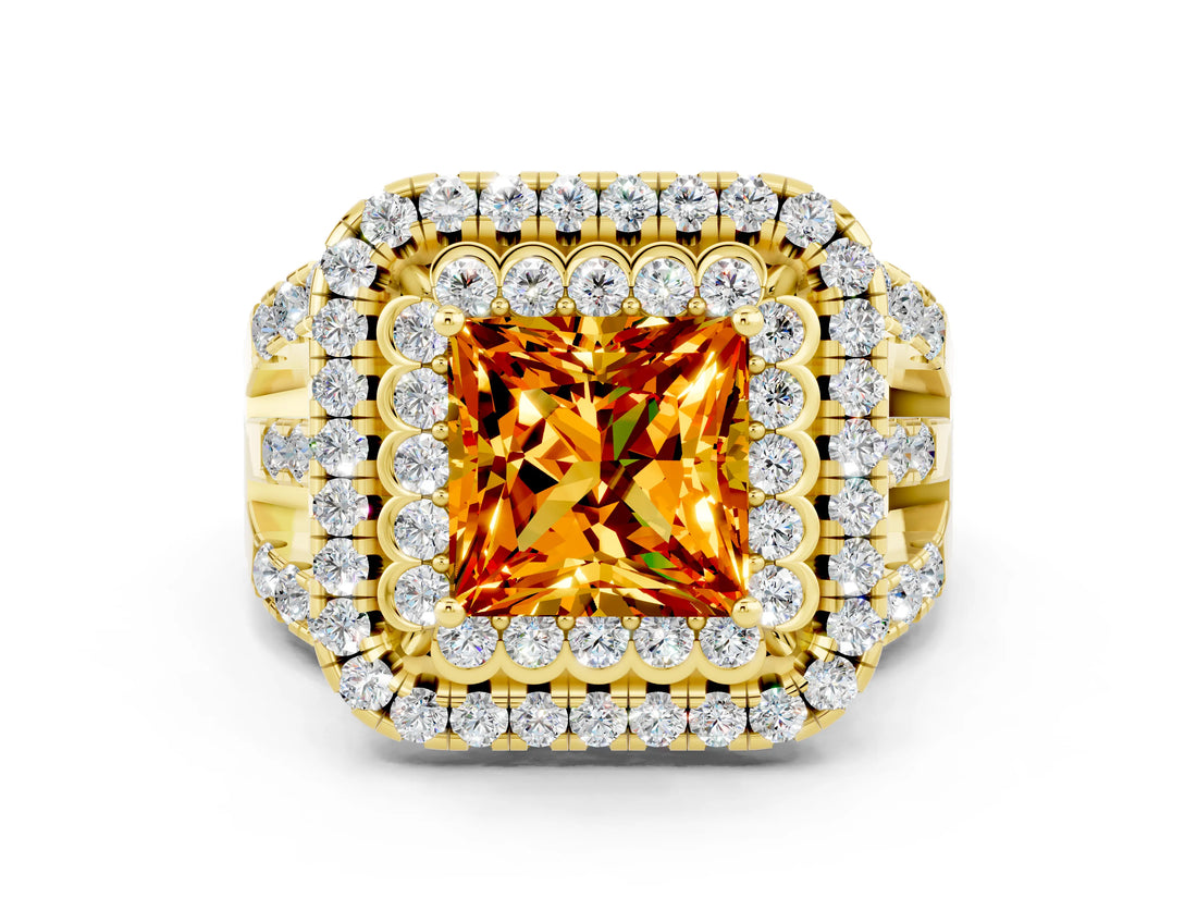Yellow gold Double Halo Princess Cut Diamond Split Shank Pave Set Ring