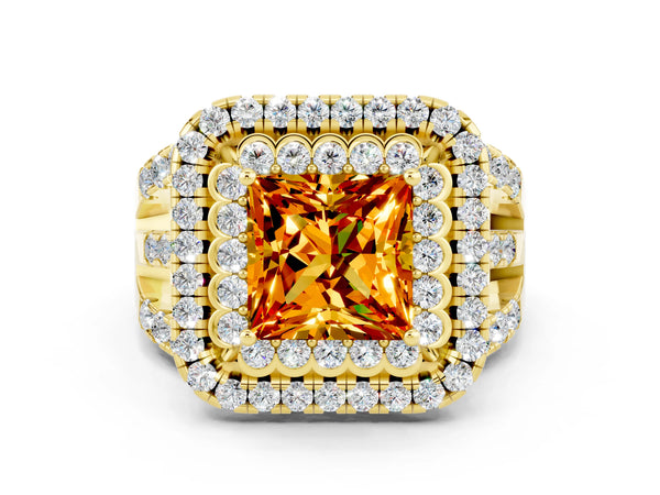 Yellow gold Princess Cut Citrine Double Halo Ring with Round Pavé Split Shank and Prong Setting
