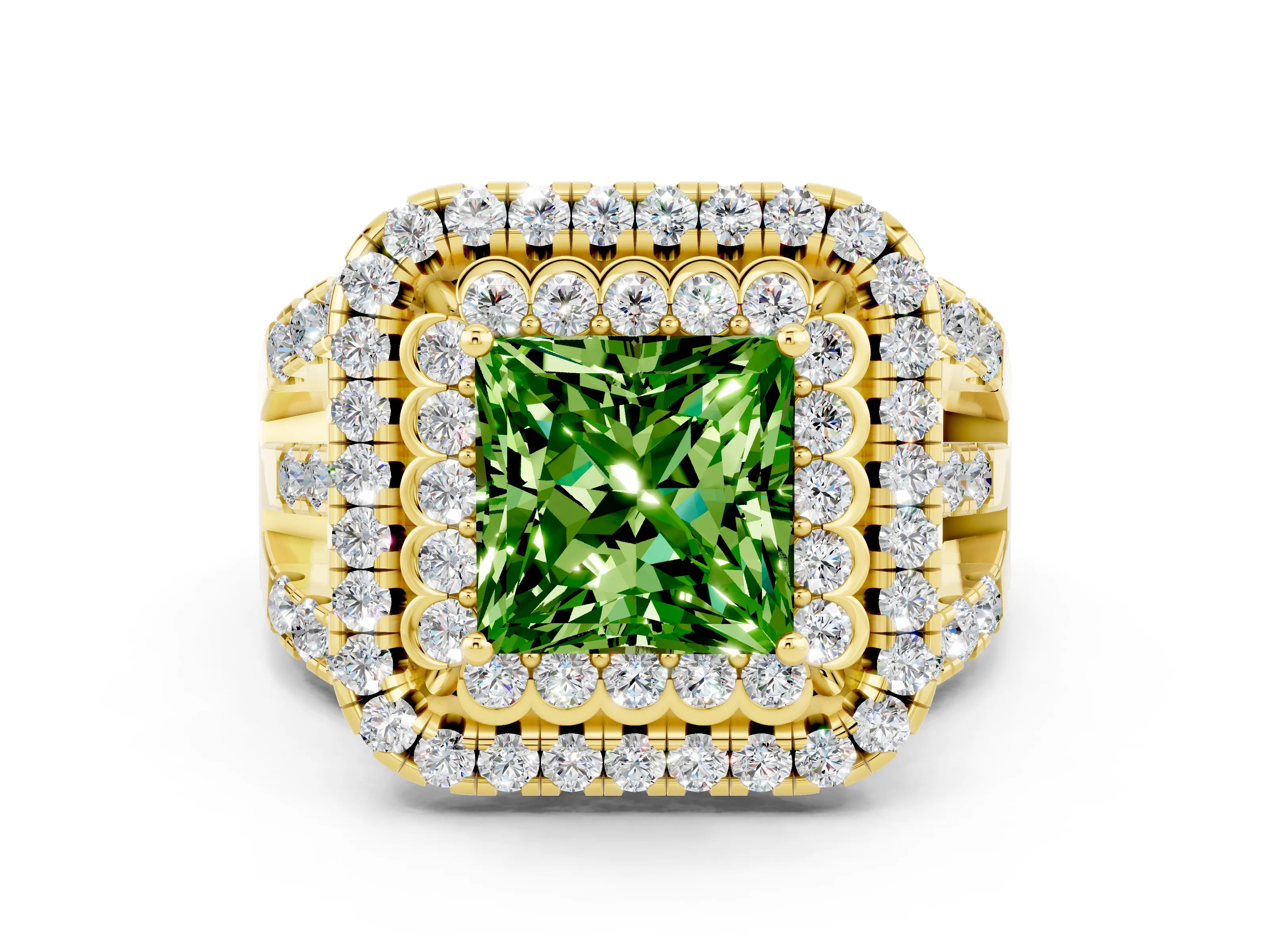 Yellow gold Double Halo Princess Cut Diamond Split Shank Pave Set Ring