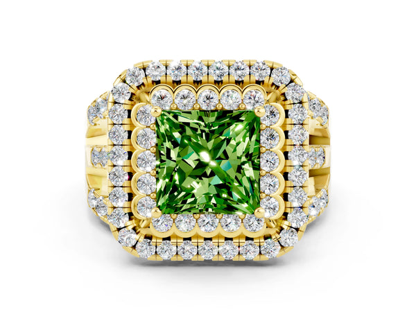Yellow gold Double Halo Princess Cut Diamond Split Shank Pave Set Ring