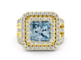 Yellow gold Double Halo Princess Cut Diamond Split Shank Pave Set Ring