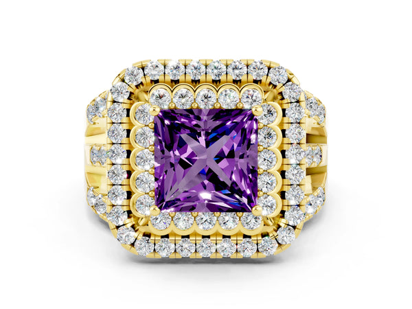 Yellow gold Princess Cut Amethyst Double Halo Ring with Round Pavé Split Shank and Prong Setting