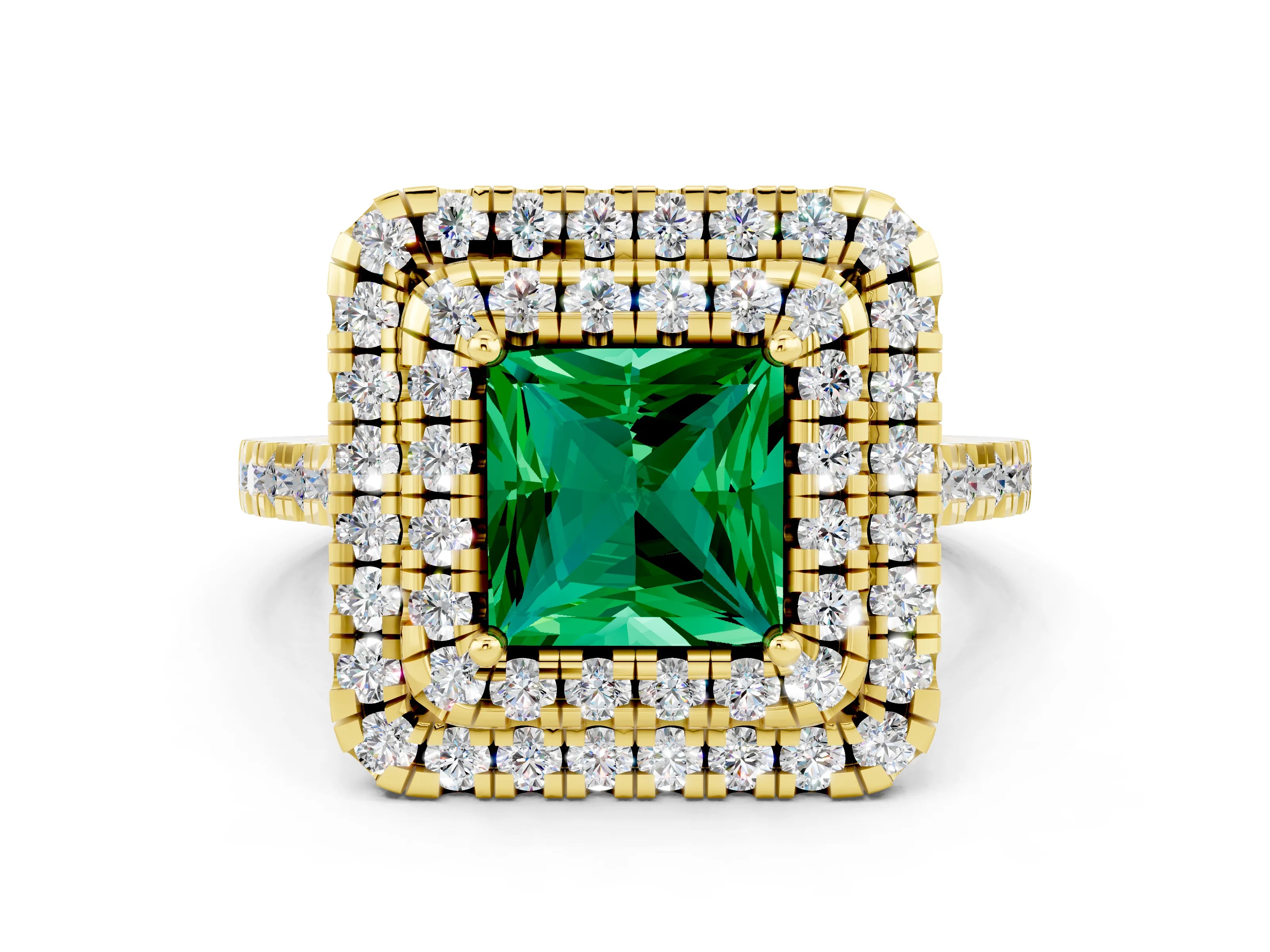 Yellow gold Double Halo Princess Cut Emerald Pavé Band with Four-Prong Setting