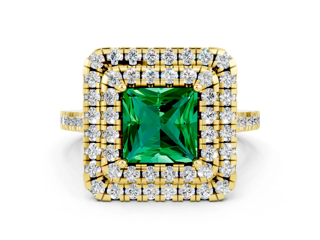 Yellow gold Double Halo Princess Cut Emerald Pavé Band with Four-Prong Setting