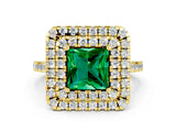 Yellow gold Double Halo Princess Cut Emerald Pavé Band with Four-Prong Setting