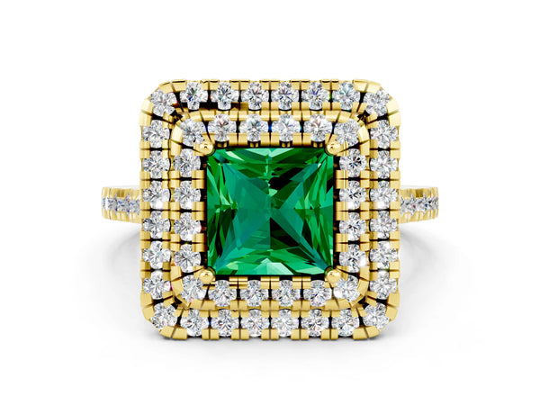 Yellow gold Double Halo Princess Cut Emerald Pavé Band with Four-Prong Setting