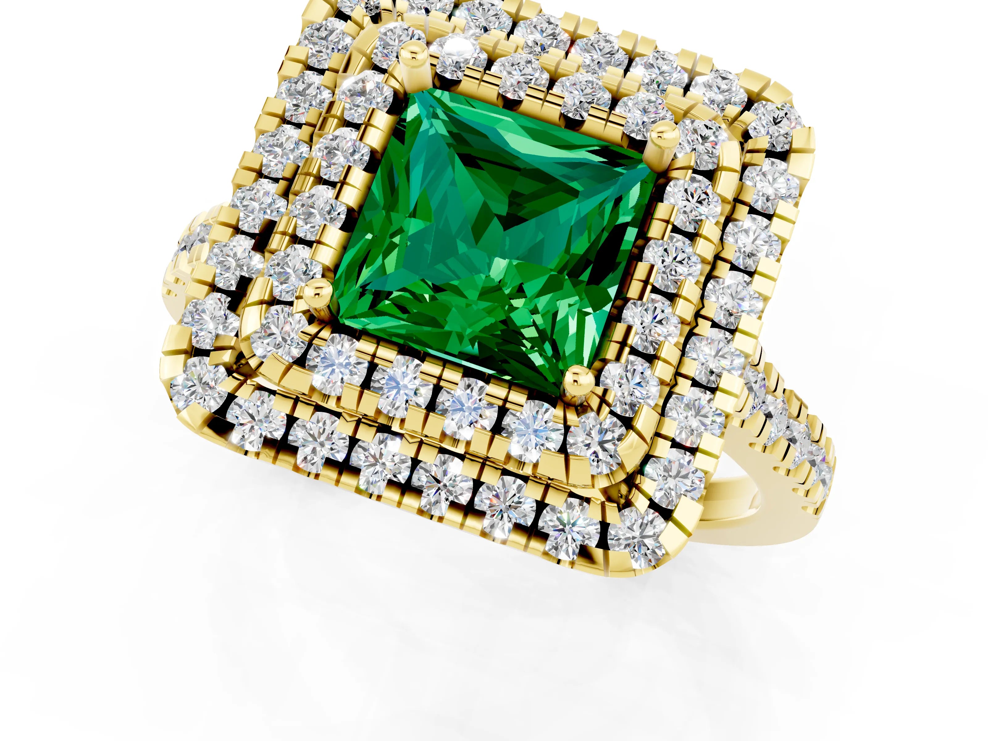 Yellow gold Double Halo Princess Cut Emerald Pavé Band with Four-Prong Setting_1